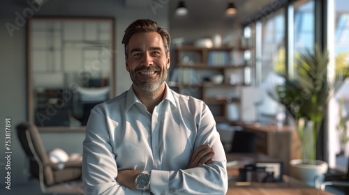 Confident Leadership, cheerful businessman in a bright, modern office, exuding confidence and professionalism, standing with arms crossed in casual yet authoritative attire