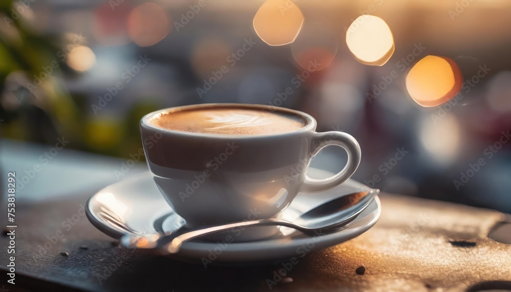 Fototapeta premium High-quality photo , A white Cup Of Coffee On A Saucer With A Spoon, A Tilt Shift Photo,