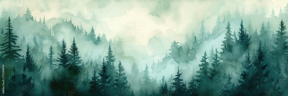 Mystical Watercolor Forest in Mist
