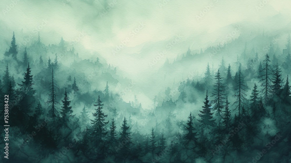 Mystical Watercolor Forest in Mist - obrazy, fototapety, plakaty 