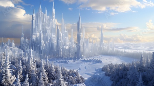 a futuristic city surrounded by snow covered trees and mountains in the background