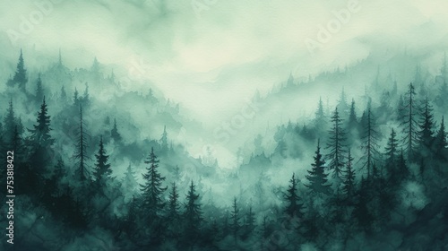 Mystical Watercolor Forest in Mist