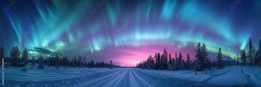 Polar Night with Northern Lights Over Snowy Road