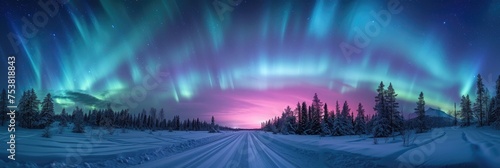 Polar Night with Northern Lights Over Snowy Road