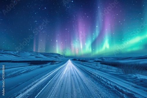 Polar Night with Northern Lights Over Snowy Road