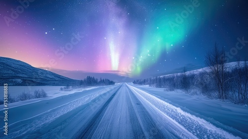 Polar Twilight with Aurora Borealis Above a Snow-covered Path © Landscape Planet