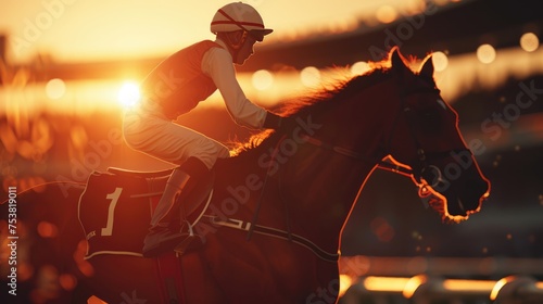 Racehorse and Jockey at Sunset, jockey in racing silks rides a galloping racehorse against a dramatic sunset backdrop, capturing the intensity and thrill of horse racing