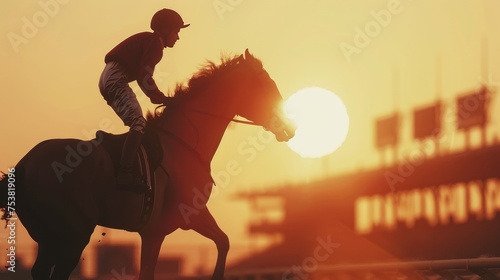 Jockey on Horseback at Sunrise, jockey and his horse are silhouetted against a sunrise, embodying the energy and anticipation of a new day's races © Viktorikus