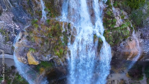 La Mea waterfall seen from a drone. Between Quintanilla Valdebodres and Puentedey in the area of the Canales del Dulla. The Merindades. Burgos. Spain. Europe photo