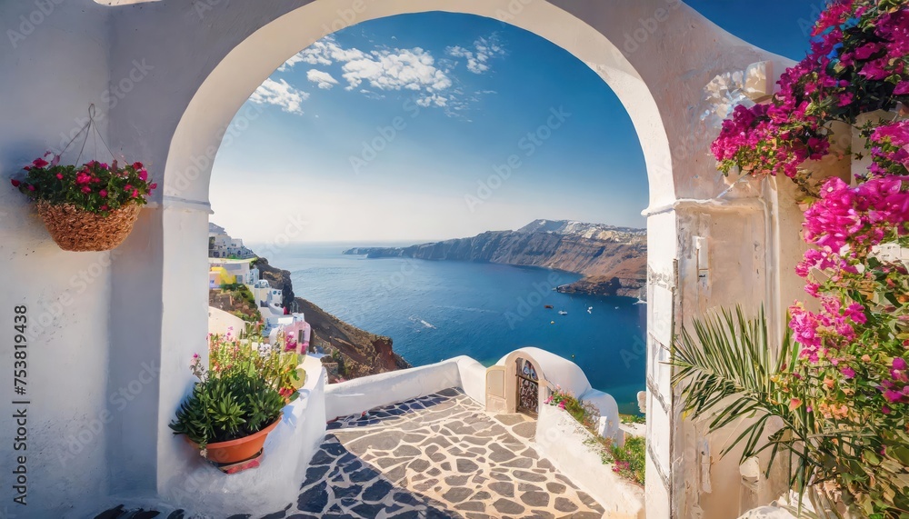 Fototapeta premium High-quality photo , view of arched gate with a view to the sea beach living Santorini island