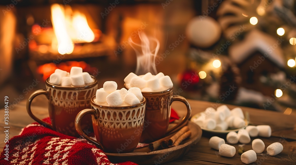 A cozy fireplace setting with mugs of hot cocoa topped with marshmallows