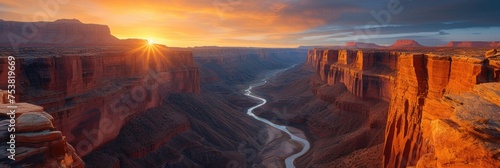 Sunset illuminates the river in the canyon photo