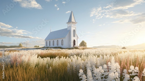 Church in the meadow with blue sky.