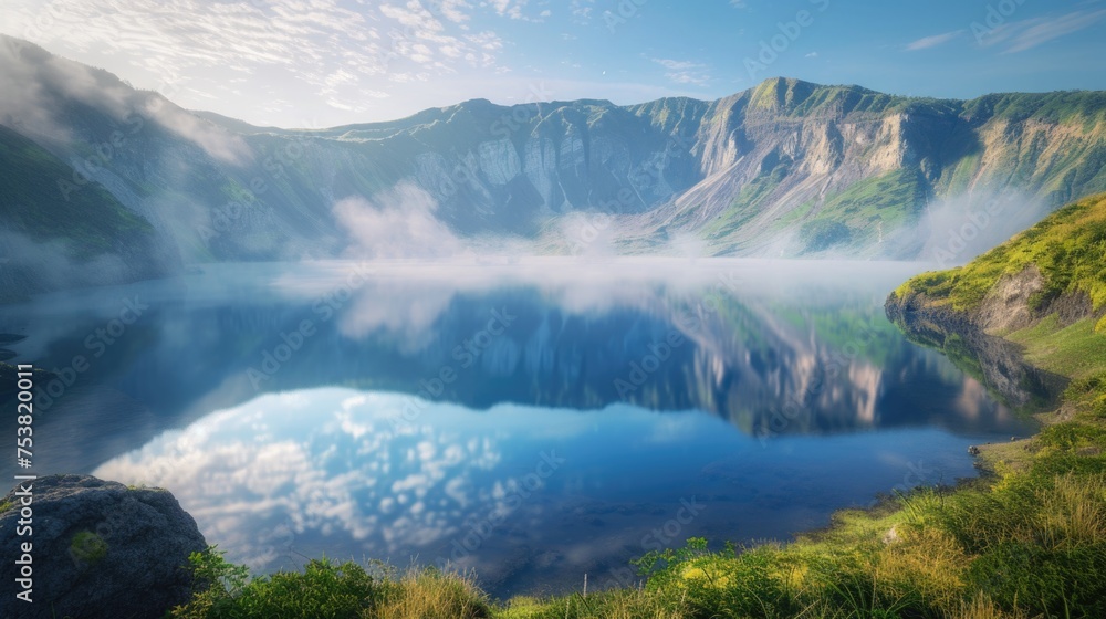 Tranquil Mountain Lake with Misty Morning Light
