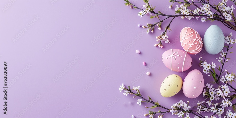 Decorated Easter eggs with cherry blossoms on violet background