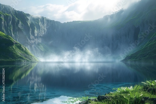 Tranquil Mountain Lake with Misty Morning Light