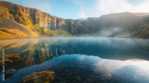 Tranquil Mountain Lake with Misty Morning Light