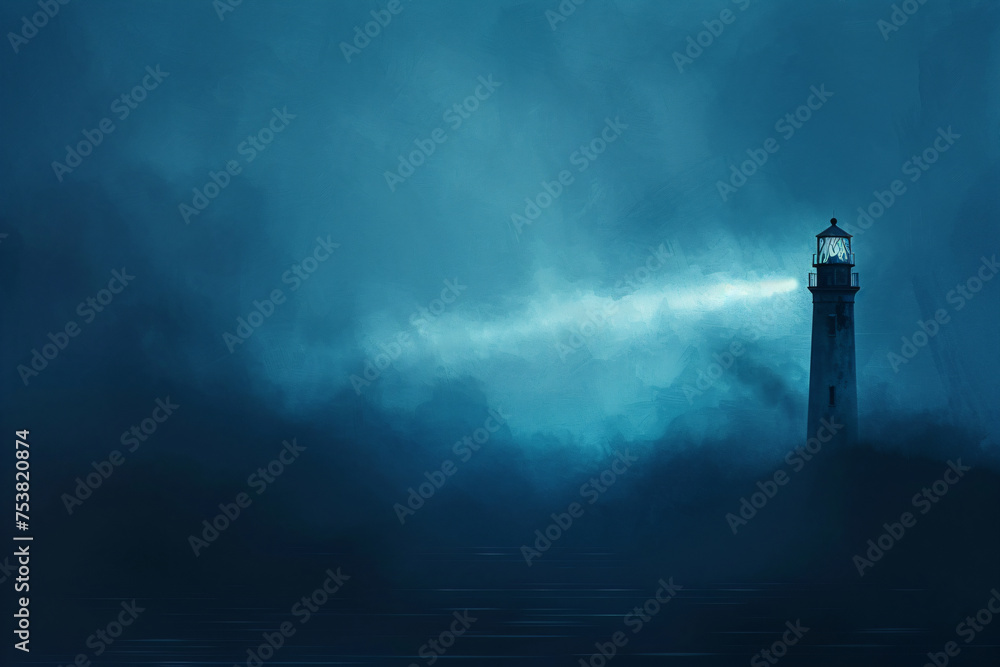 Solitary lighthouse casting light through fog. Dreamy digital illustration with an air of mystery. Concept of hope and guidance for wall art, inspirational poster, and storytelling