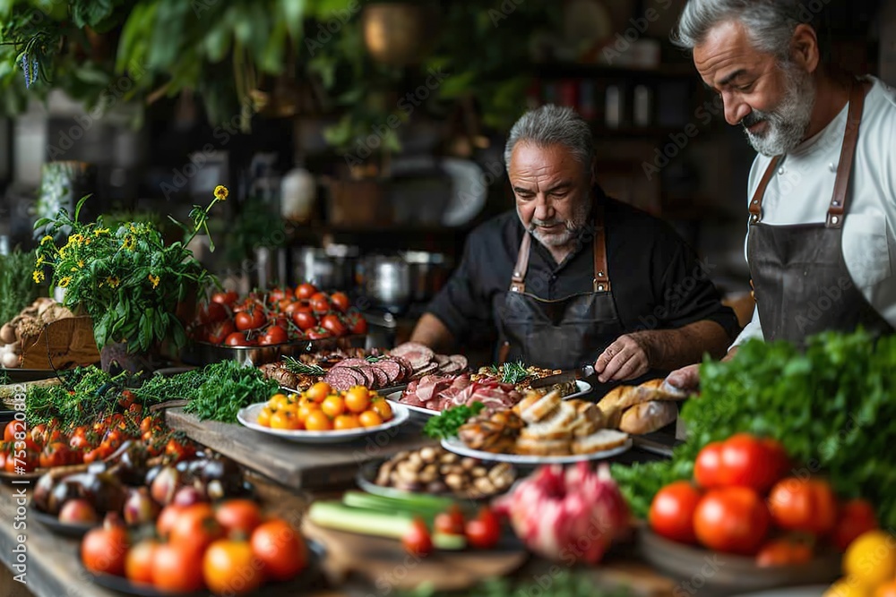 two adult men in aprons, table full of fresh vegetables, two adult men in aprons, table full of fresh vegetables,