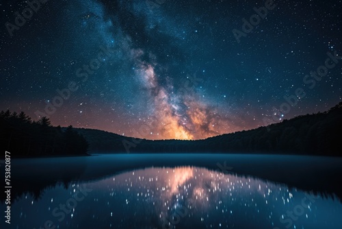 Starry Night Sky Reflection over Tranquil Forest Lake