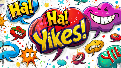 A series of speech balloons with comic-style fonts, showcasing expressions like "Ha Ha!" and "Yikes!", on a bright white background.