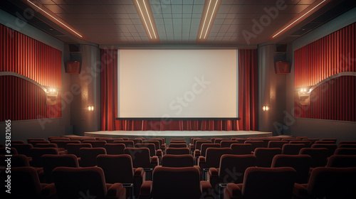Cinema interior with seats and white screen. Movie theater room with chairs.