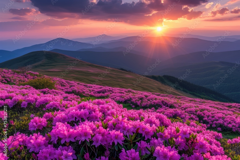 Sunset Glow over Blossoming Mountain Slopes