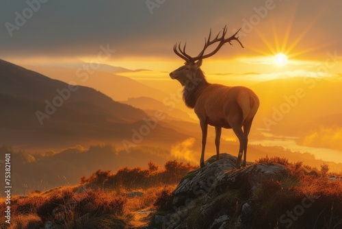 A deer overlooking the sunset in the landscape © Landscape Planet