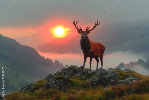 A deer overlooking the sunset in the landscape
