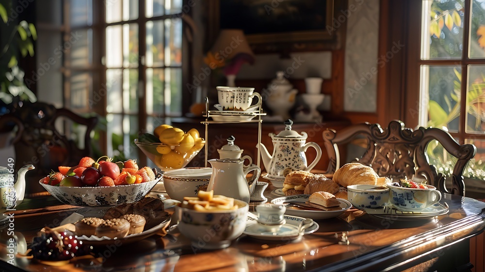 A cozy breakfast nook with a spread of pastries, fruits, and freshly brewed coffee - obrazy, fototapety, plakaty 