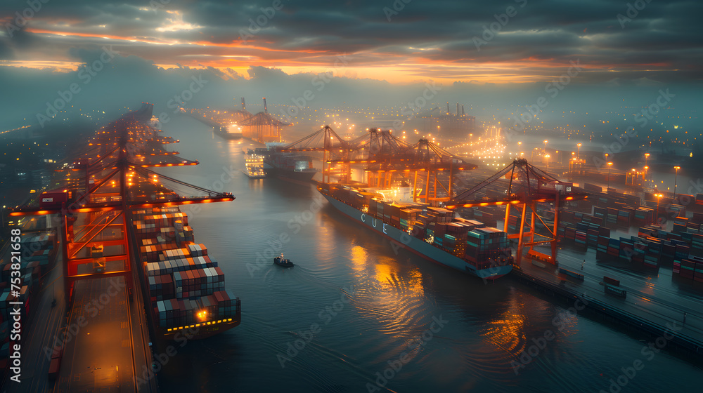 Logistics and transportation of Container Cargo ship and Cargo plane with working crane bridge in the shipyard at sunrise, logistic import export and transport industry Logistics and transportation of Container Cargo ship and Cargo plane with working crane bridge in the shipyard at sunrise, logistic import export and transport industry