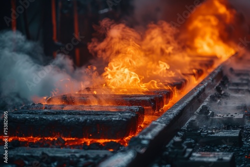 Intense image of molten steel on a conveyor with sparks and flames in a steel manufacturing plant
