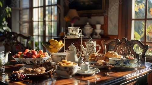 A cozy breakfast nook with a spread of pastries, fruits, and freshly brewed coffee