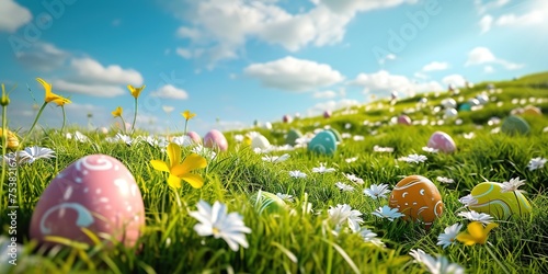 Easter eggs among wildflowers on sunny slope