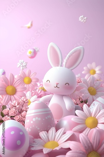 Bright Easter scene with 3d cute bunny