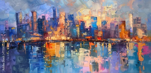 A detailed painting depicting a cityscape with towering skyscrapers, bustling streets, and lively urban activity.