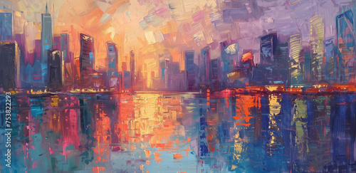 A painting of a city skyline at dusk with warm hues in the sky and buildings silhouetted against the fading light.