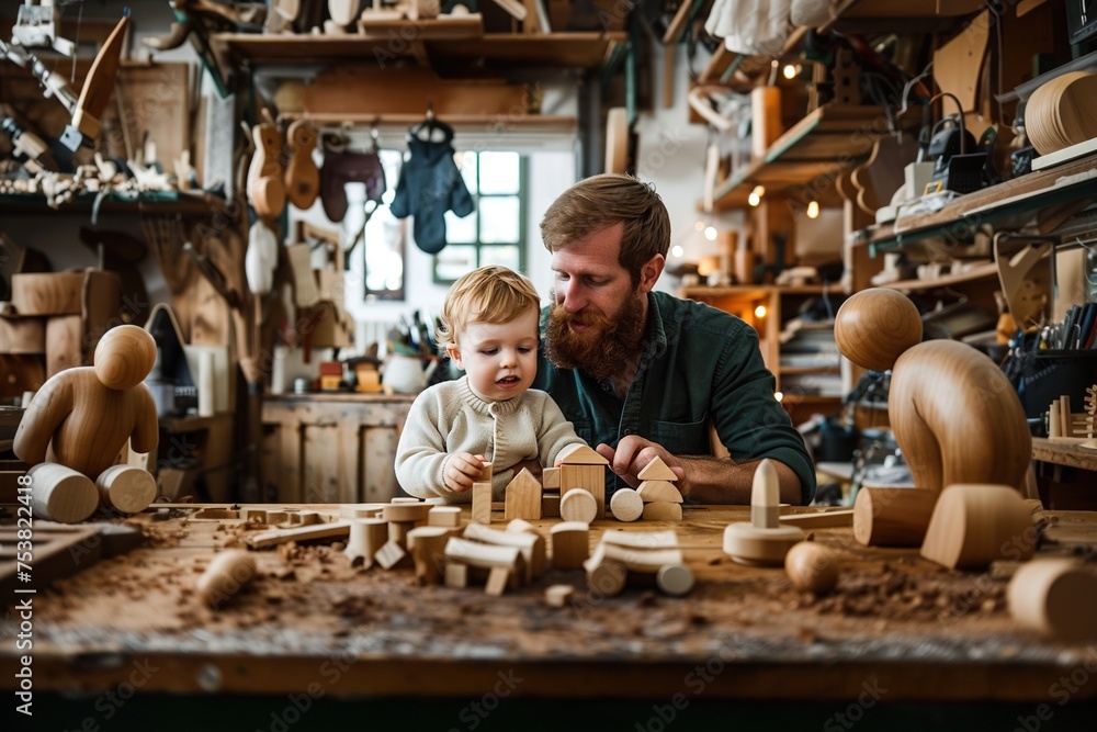 baby plays with his dad's wooden toys in the carpentry workshop baby plays with his dad's wooden toys in the carpentry workshop