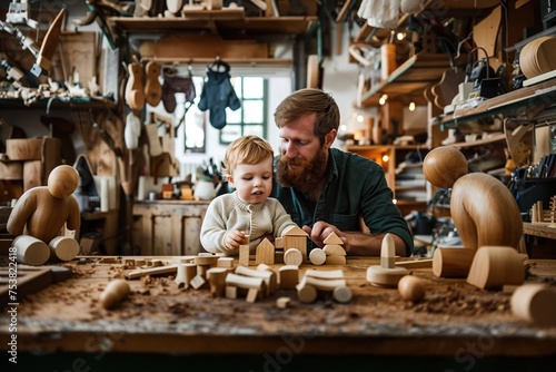 baby plays with his dad s wooden toys in the carpentry workshop