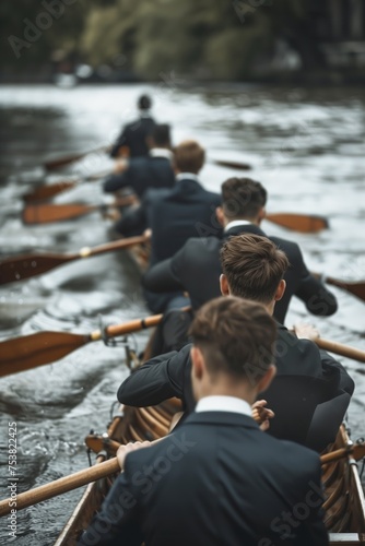 Group of businessmen in suits row oars in a boat on the river at competition, concept of perfect candidate and team building work with colleagues.