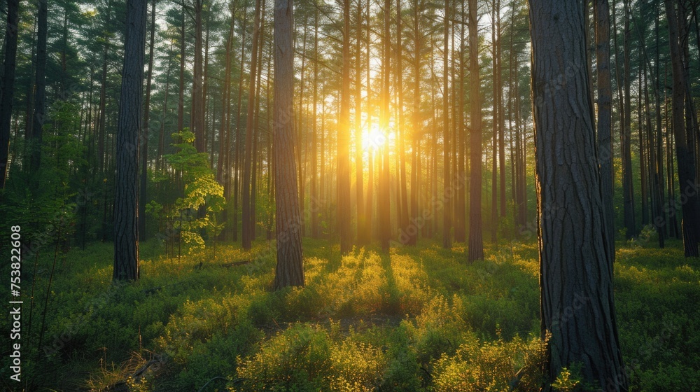 Sun Rays Piercing Through Pine Trees