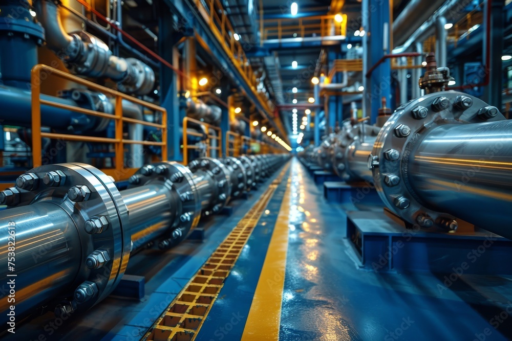 An expanse of industrial pipelines painted in vibrant blue hues, highlighting the factory's internal pathway An expanse of industrial pipelines painted in vibrant blue hues, highlighting the factory's internal pathway