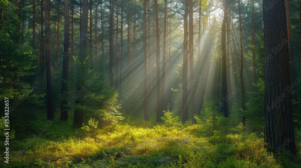 Fototapeta premium Morning Light in a Tranquil Forest