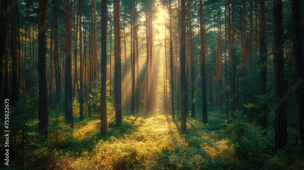 Obraz premium Morning Light in a Tranquil Forest