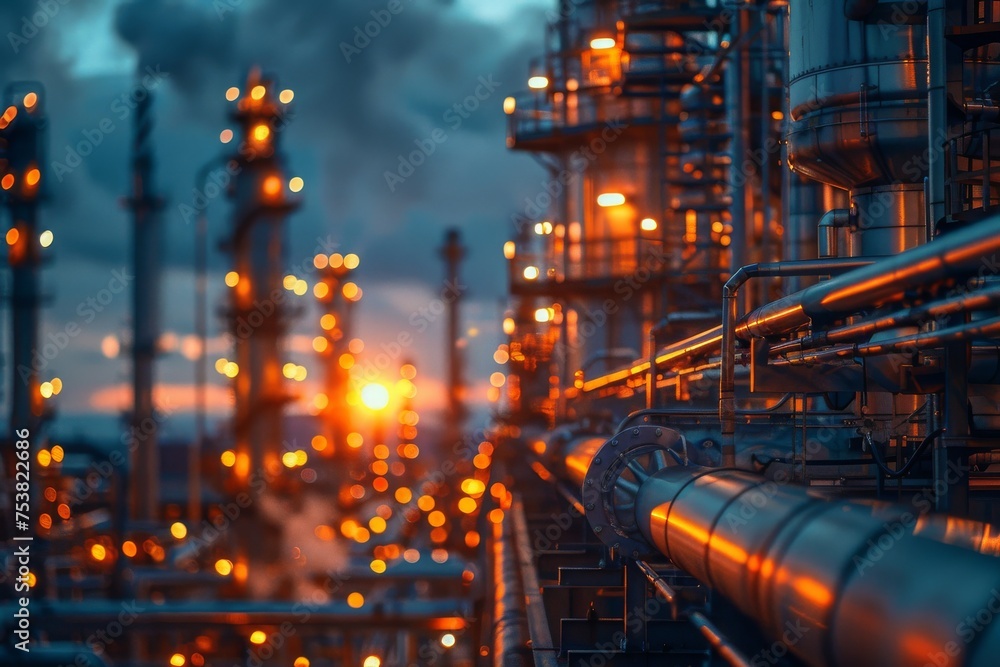 Detailed close-up of an industrial refinery with intricate pipelines and towers, illuminated by twilight's ambient light