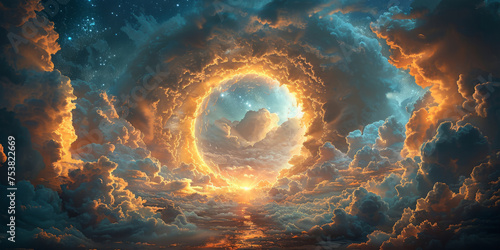 Alone door opening into the sky, encircled by soft, billowing clouds and a halo of divine light, with the contrasting serenity of a starry night sky