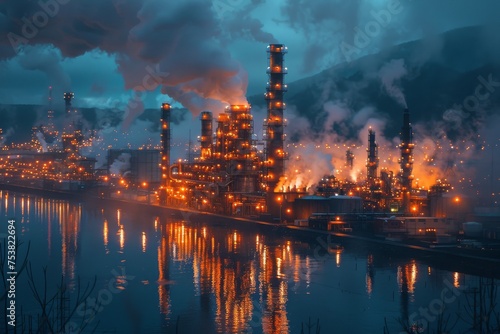 A moody, atmospheric image of an industrial area emitting steam and smoke into the night sky, reflecting environmental concerns