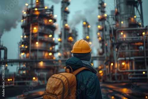 An engineer in a hardhat stands before a brightly illuminated industrial refinery plant operating at dusk photo