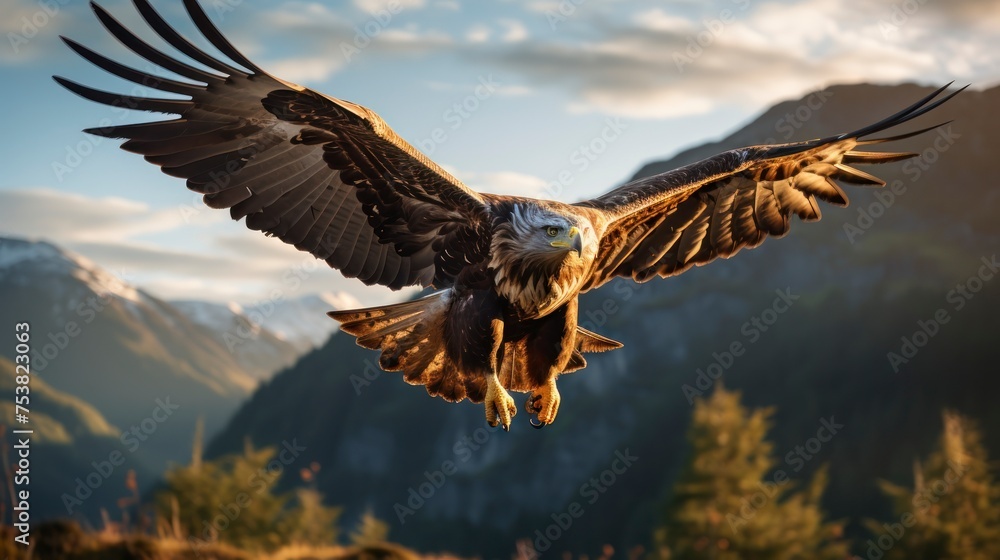 Fototapeta premium Bald Eagle in flight with mountains in the background at sunset.