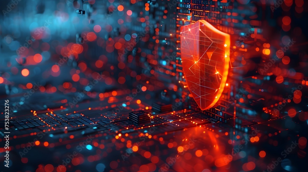 A red shield is shown in a blue background